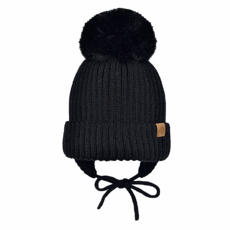 Tuque d'hiver Pompon et cordon - Noir | Perlimpinpin